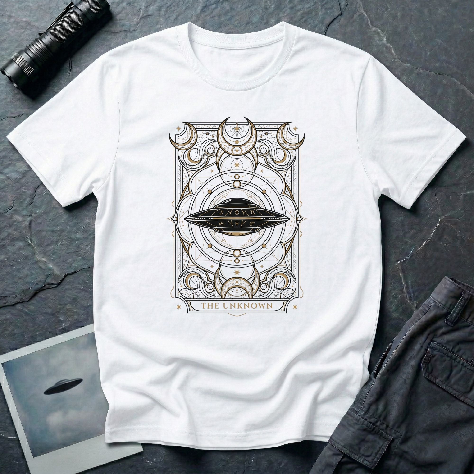 UFO tarot card t-shirt with flying saucer surrounded by crescent moons and sacred geometry linework