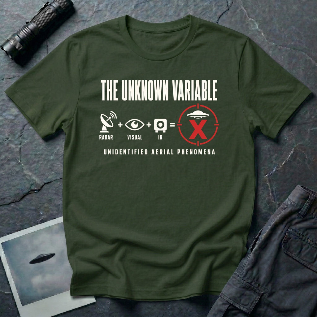 Radar, eye, and infrared camera icons adding up to a targeted UFO with an X mark and Unidentified Aerial Phenomena text on a military green t-shirt
