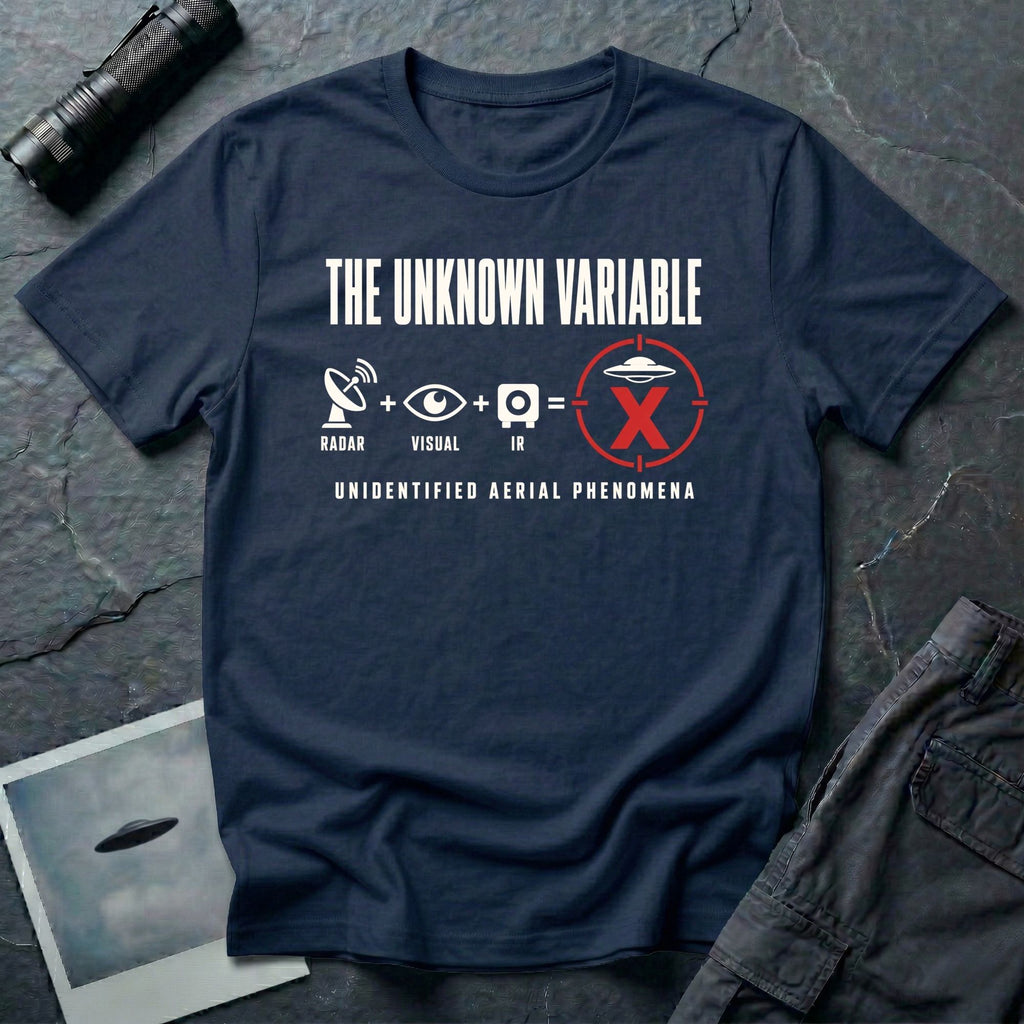 Radar, eye, and infrared camera icons adding up to a targeted UFO with an X mark and Unidentified Aerial Phenomena text on a navy blue t-shirt
