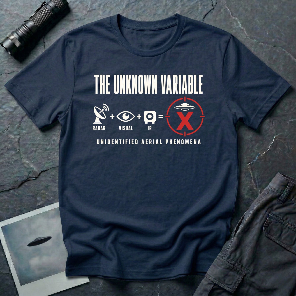 Radar, eye, and infrared camera icons adding up to a targeted UFO with an X mark and Unidentified Aerial Phenomena text on a navy blue t-shirt