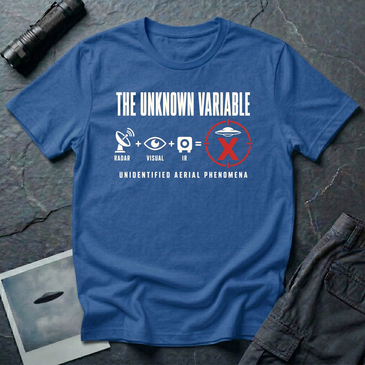 Radar, eye, and infrared camera icons adding up to a targeted UFO with an X mark and Unidentified Aerial Phenomena text on a royal blue t-shirt