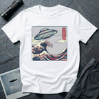 The Wave Japanese woodblock UFO t-shirt — flying saucer above Hokusai-style cresting wave in indigo and red on white cotton tee