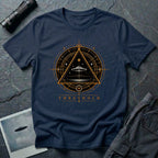 Navy blue UFO t-shirt with a flying saucer inside an upward-pointing triangle portal with perspective grid, crescent moons, and compass frame in gold and black with the word THRESHOLD