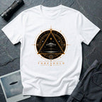 White UFO t-shirt with a flying saucer inside an upward-pointing triangle portal with perspective grid, crescent moons, and compass frame in gold and black with the word THRESHOLD