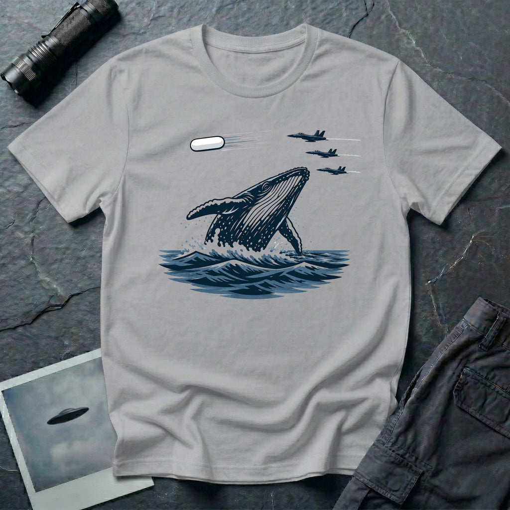 Tic Tac UFO Chase t-shirt with whale breaching between departing Tic Tac and F/A-18 Hornets, grey