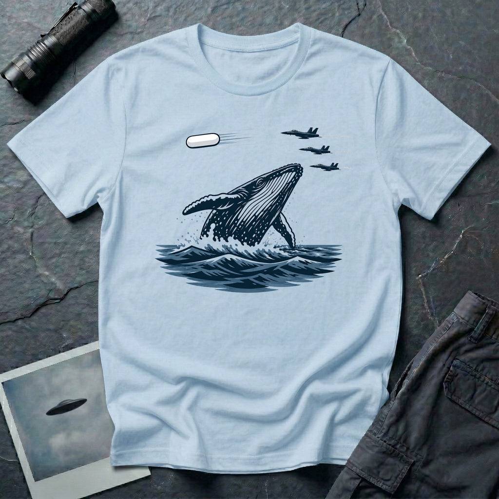 Tic Tac UFO Chase t-shirt with whale breaching between departing Tic Tac and F/A-18 Hornets, light blue