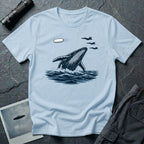 Tic Tac UFO Chase t-shirt with whale breaching between departing Tic Tac and F/A-18 Hornets, light blue
