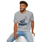 Tic Tac UFO Chase t-shirt with whale breaching between departing Tic Tac and F/A-18 Hornets, grey