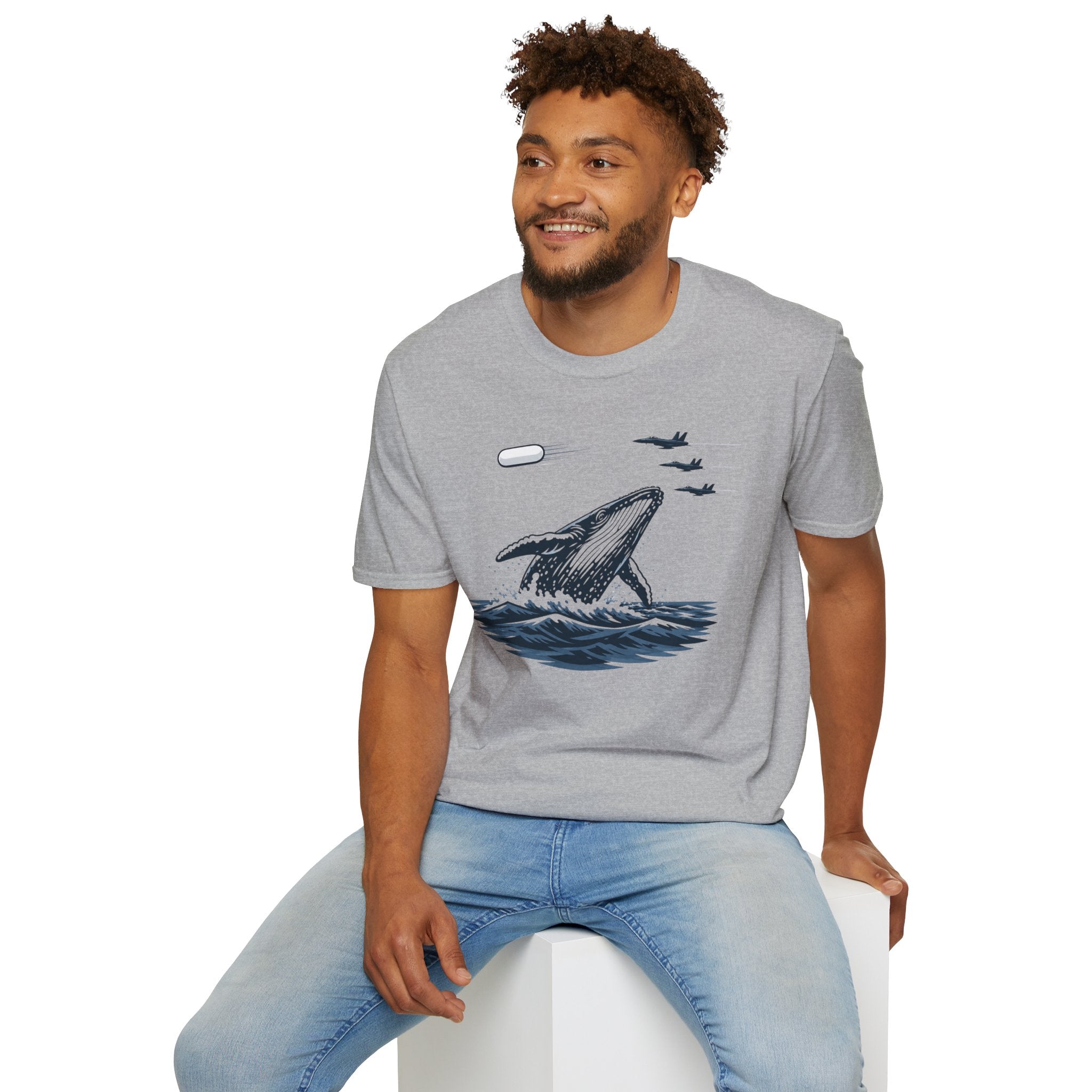 Tic Tac UFO Chase t-shirt with whale breaching between departing Tic Tac and F/A-18 Hornets, grey
