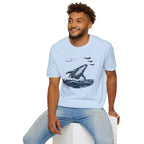 Tic Tac UFO Chase t-shirt with whale breaching between departing Tic Tac and F/A-18 Hornets, light blue
