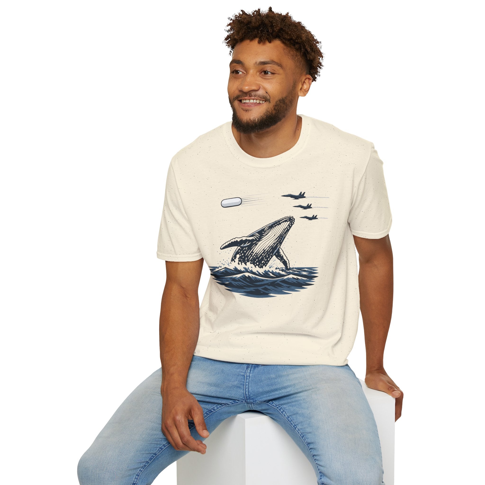 Tic Tac UFO Chase t-shirt with whale breaching between departing Tic Tac and F/A-18 Hornets, natural