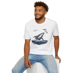 Tic Tac UFO Chase t-shirt with whale breaching between departing Tic Tac and F/A-18 Hornets, white