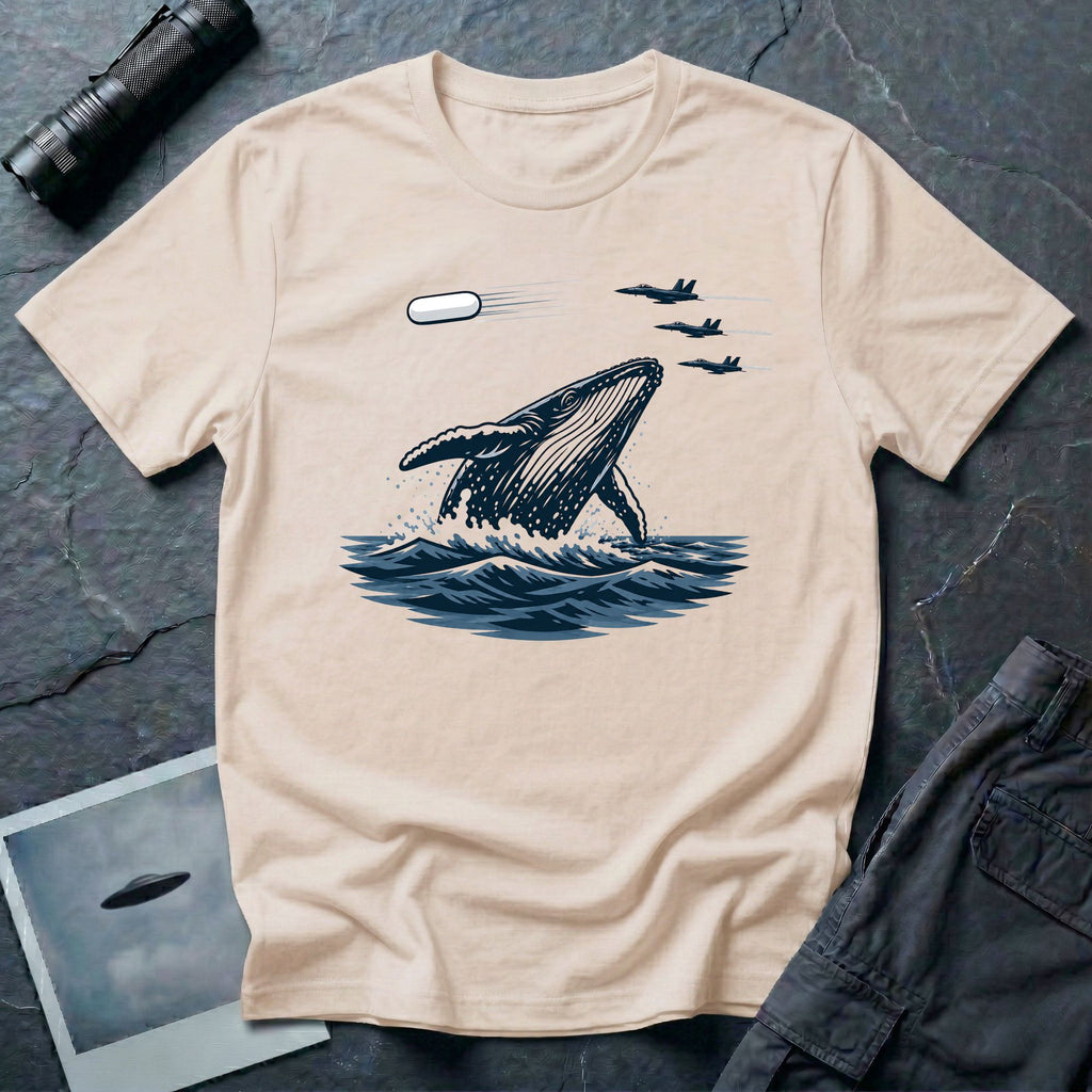 Tic Tac UFO Chase t-shirt with whale breaching between departing Tic Tac and F/A-18 Hornets, natural