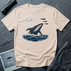 Tic Tac UFO Chase t-shirt with whale breaching between departing Tic Tac and F/A-18 Hornets, natural