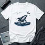 Tic Tac UFO Chase t-shirt with whale breaching between departing Tic Tac and F/A-18 Hornets, white
