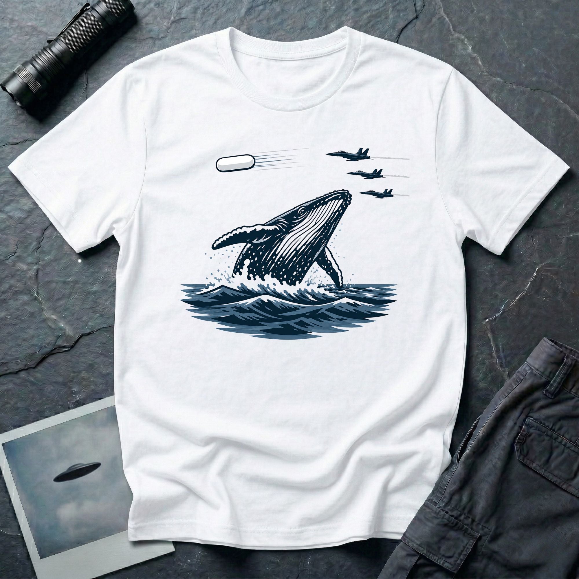 Tic Tac UFO Chase t-shirt with whale breaching between departing Tic Tac and F/A-18 Hornets, white