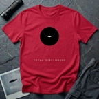 Total Disclosure conceptual UFO t-shirt — small black circle with tiny saucer and "total disclosure" caption on red cotton tee