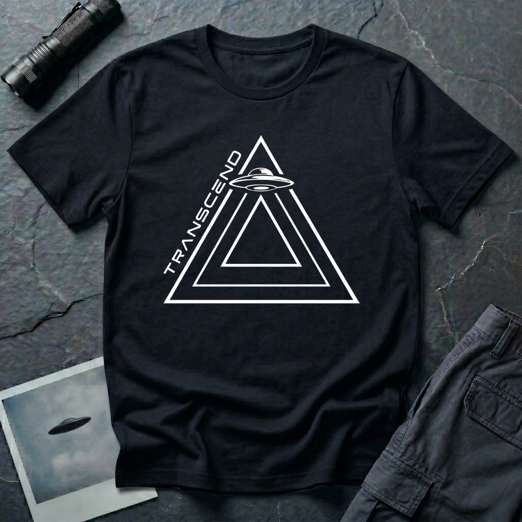 Transcend minimalist UAP t-shirt — nested line triangles with flying saucer on black unisex cotton tee
