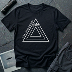 Transcend minimalist UAP t-shirt — nested line triangles with flying saucer on black unisex cotton tee