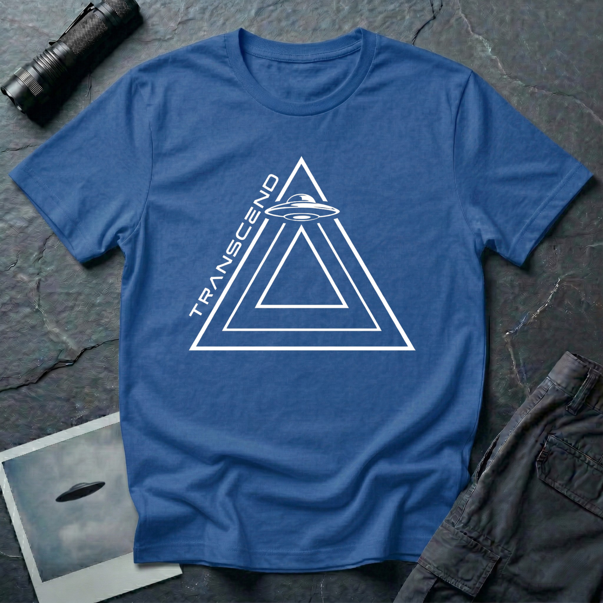Transcend minimalist UAP t-shirt — nested line triangles with flying saucer on blue unisex cotton tee