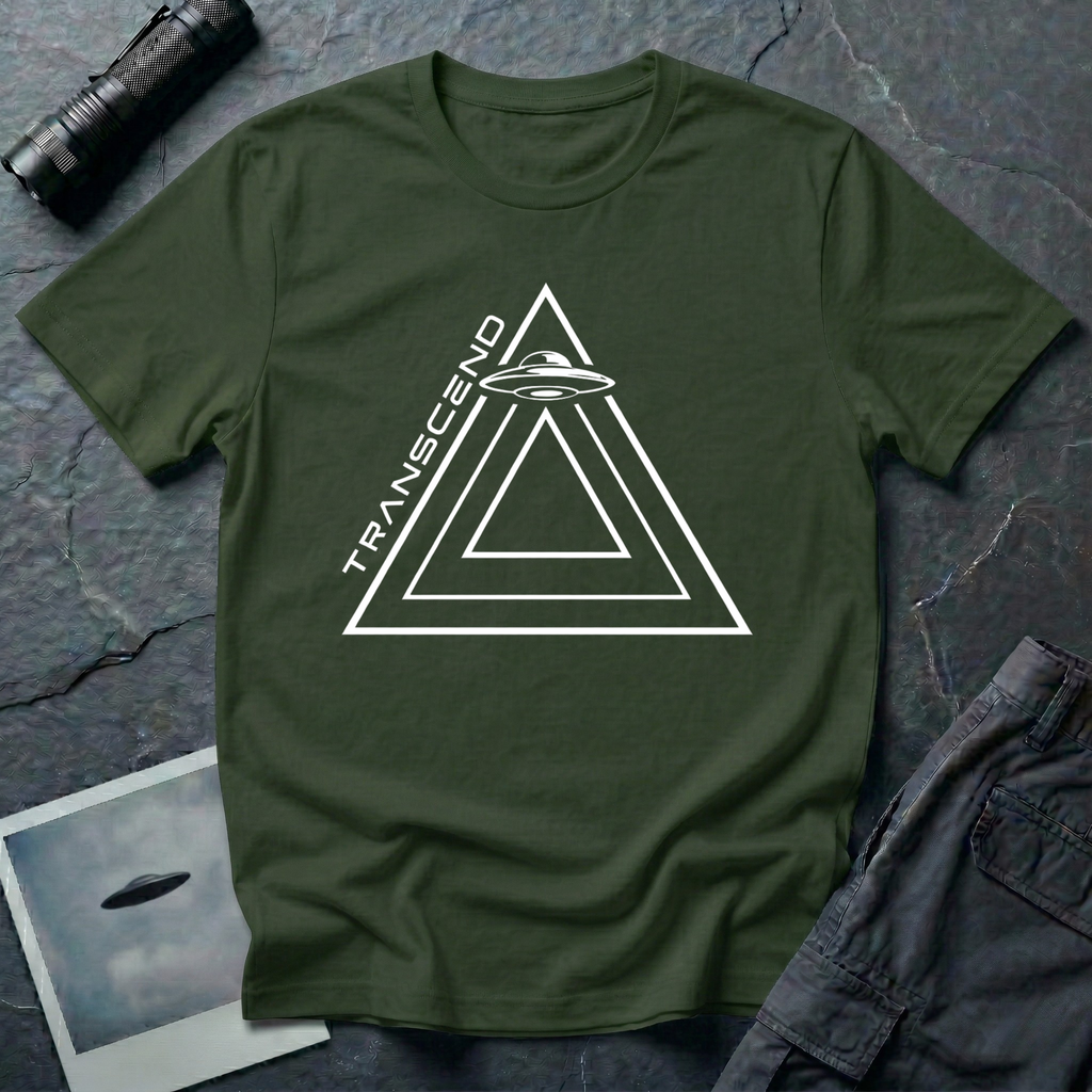 Transcend minimalist UAP t-shirt — nested line triangles with flying saucer on military green unisex cotton tee