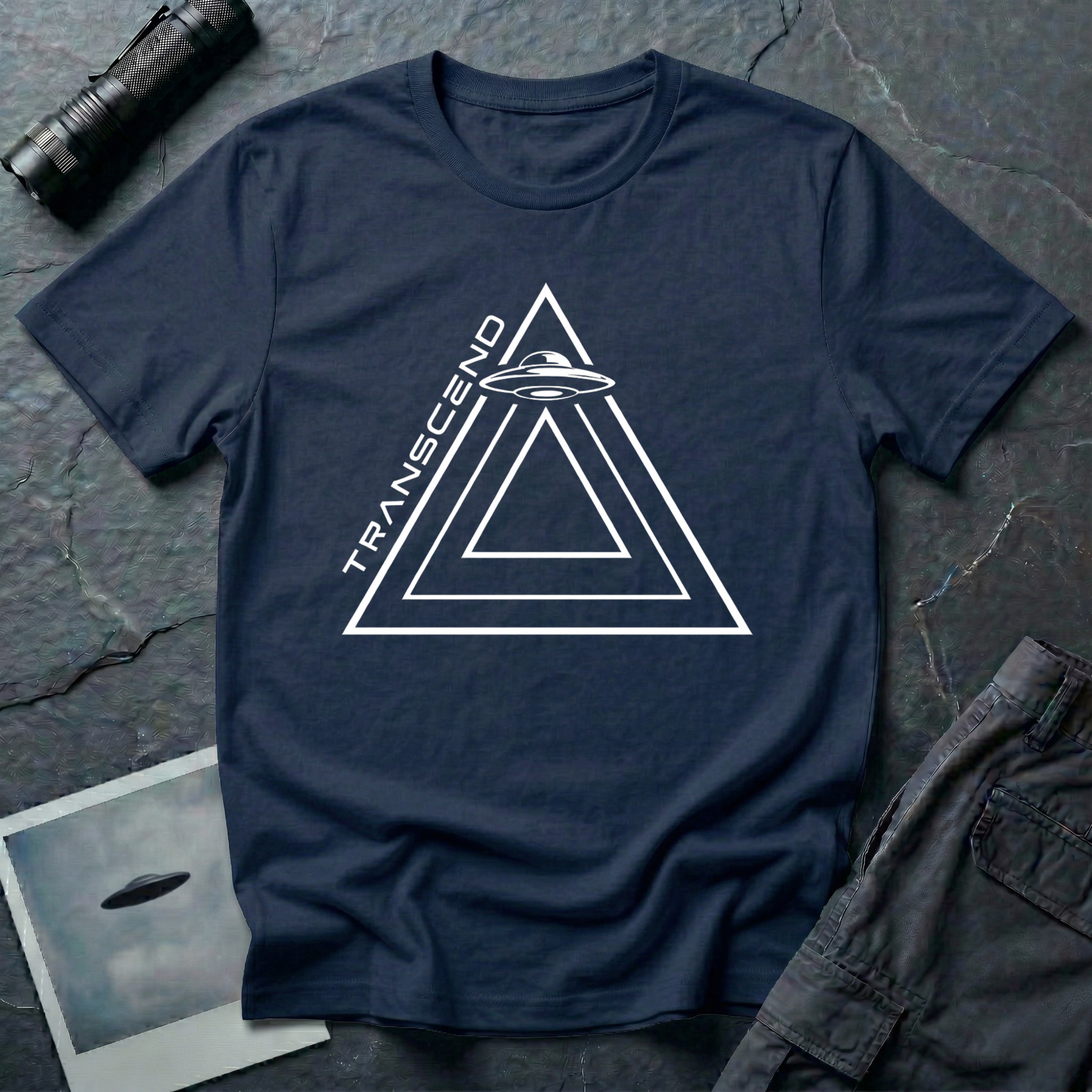 Transcend minimalist UAP t-shirt — nested line triangles with flying saucer on navy unisex cotton tee