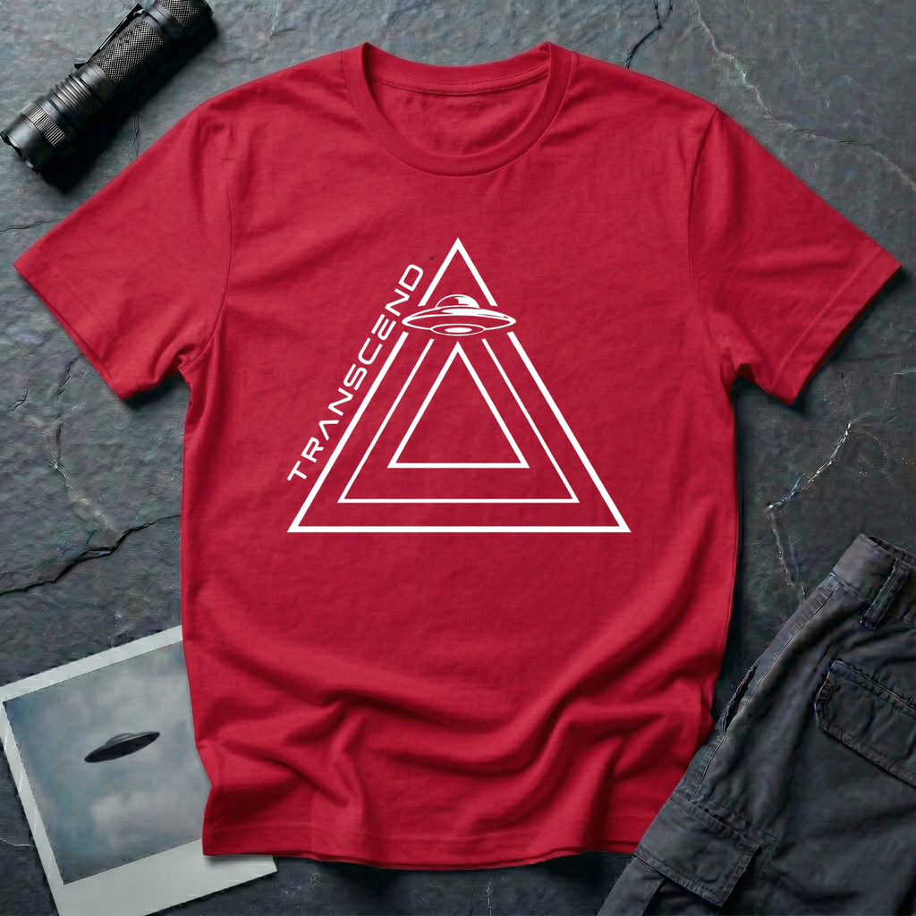 Transcend minimalist UAP t-shirt — nested line triangles with flying saucer on red unisex cotton tee
