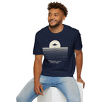 T-shirt with UFO above rippling ocean horizon lines and Transmedium Event Pacific 2004 caption, navy blue