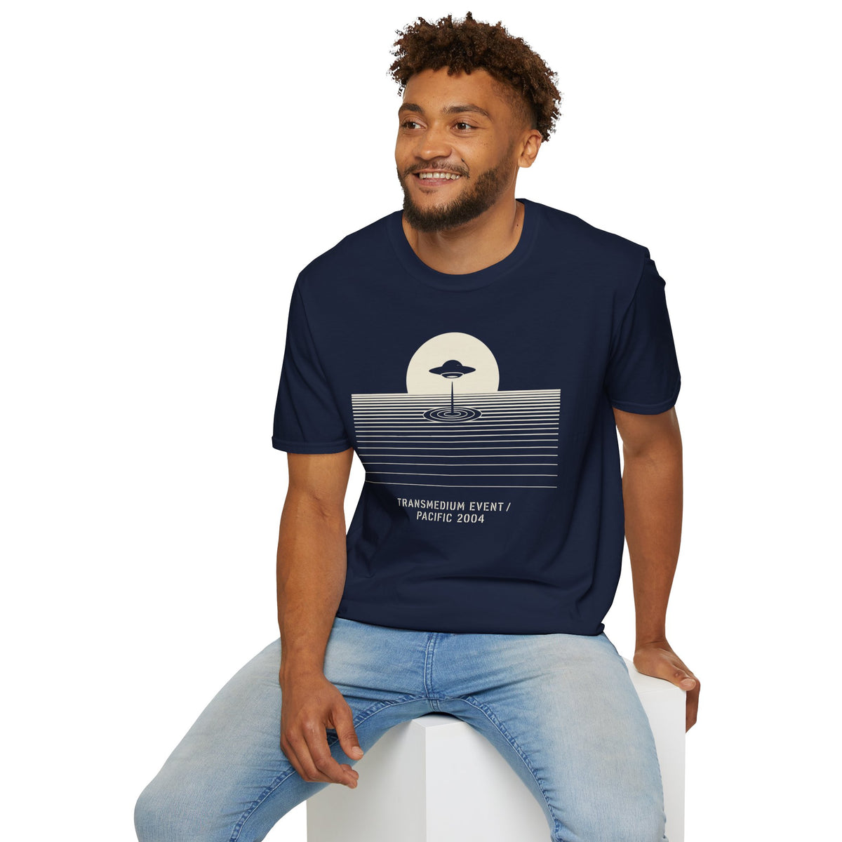 T-shirt with UFO above rippling ocean horizon lines and Transmedium Event Pacific 2004 caption, navy blue