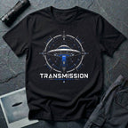 Black UFO t-shirt with a flying saucer inside a sacred geometry compass and the words "TRANSMISSION · UNKNOWN ORIGIN ·" in white and blue
