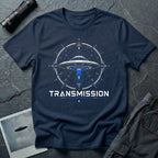 Navy blue UFO t-shirt with a flying saucer inside a sacred geometry compass and the words "TRANSMISSION · UNKNOWN ORIGIN ·" in white and blue