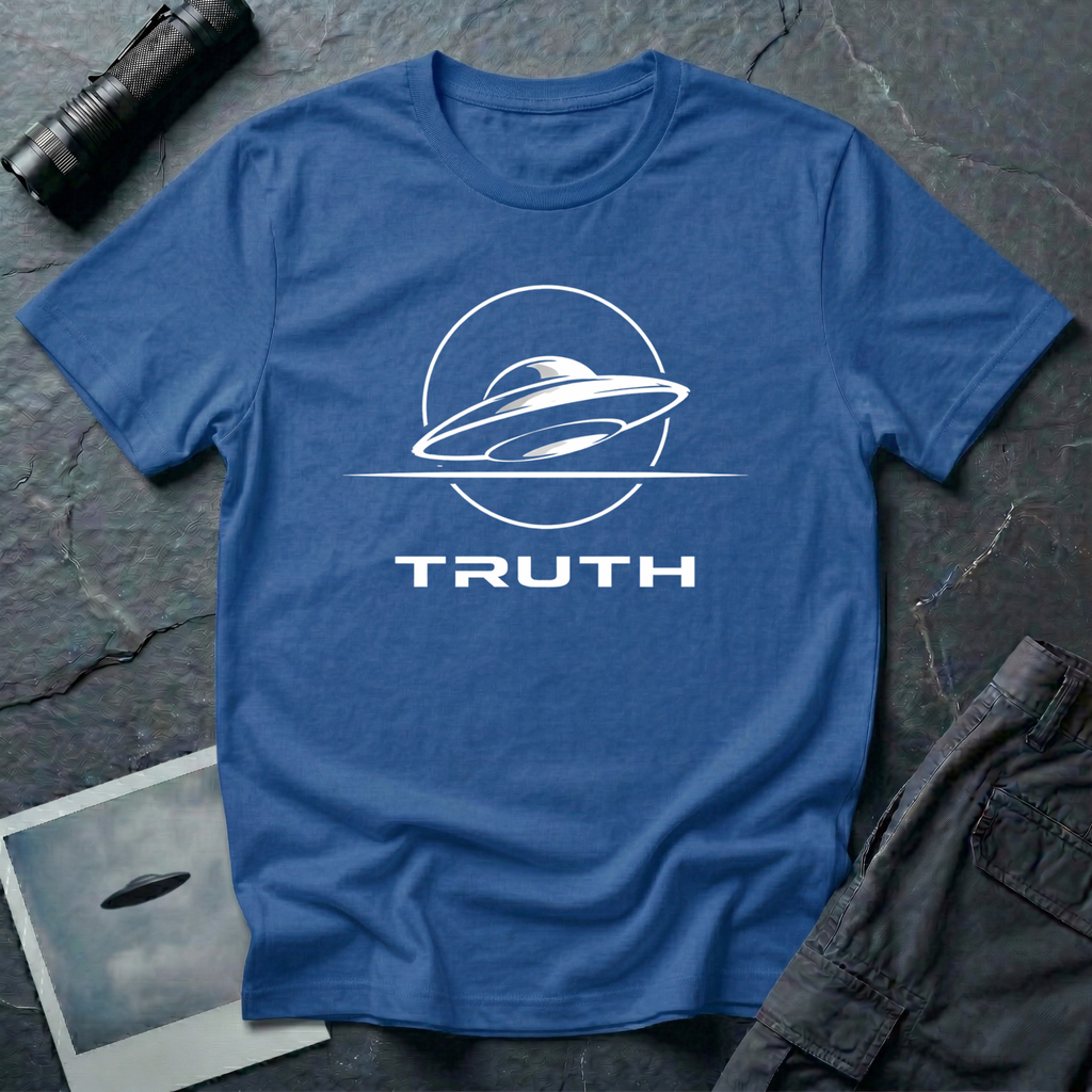 Truth UAP t-shirt — minimalist flying saucer emblem with the word TRUTH on blue unisex cotton tee
