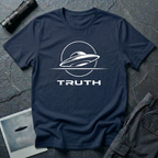 Truth UAP t-shirt — minimalist flying saucer emblem with the word TRUTH on navy unisex cotton tee