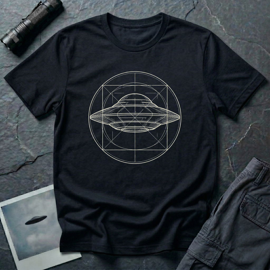 UAP Blueprint t-shirt — classic flying saucer inside circle and square construction geometry on black cotton tee
