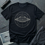 UAP Blueprint t-shirt — classic flying saucer inside circle and square construction geometry on black cotton tee