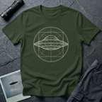 UAP Blueprint t-shirt — classic flying saucer inside circle and square construction geometry on military green cotton tee