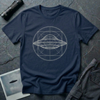 UAP Blueprint t-shirt — classic flying saucer inside circle and square construction geometry on navy cotton tee