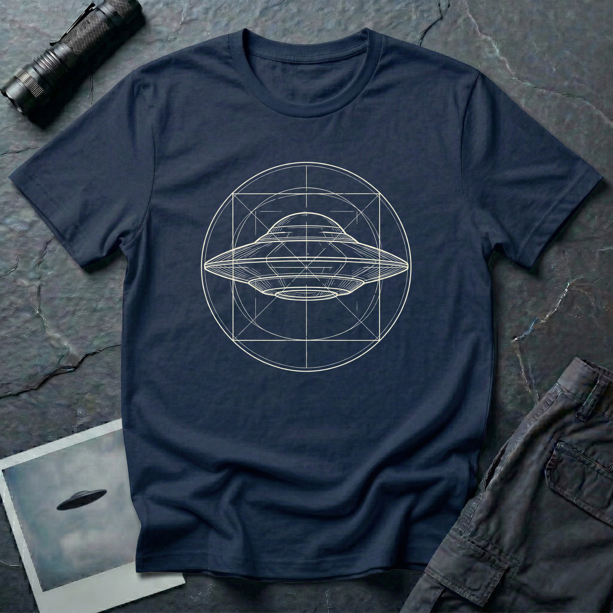 UAP Blueprint t-shirt — classic flying saucer inside circle and square construction geometry on navy cotton tee