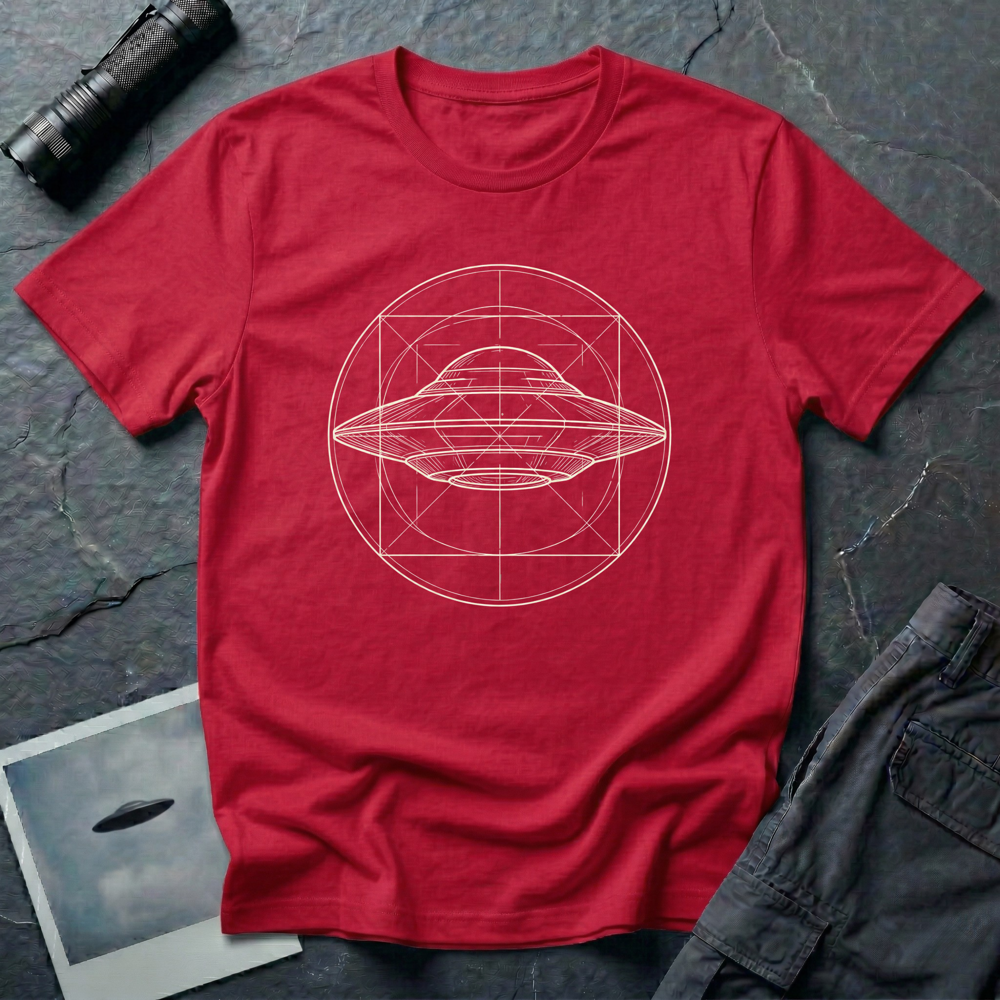 UAP Blueprint t-shirt — classic flying saucer inside circle and square construction geometry on red cotton tee
