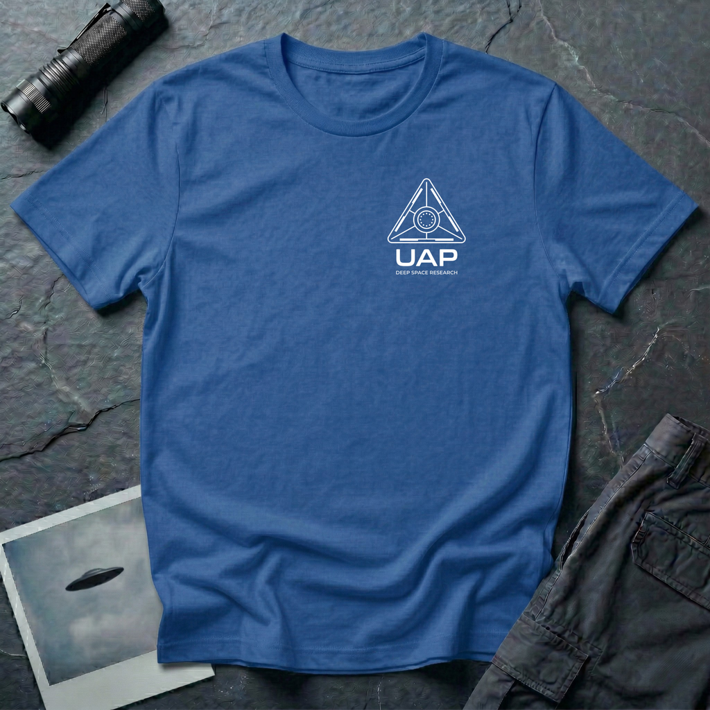 Blue t-shirt with small left-chest white line art geometric triangle UAP mission patch design with the text UAP DEEP SPACE RESEARCH
