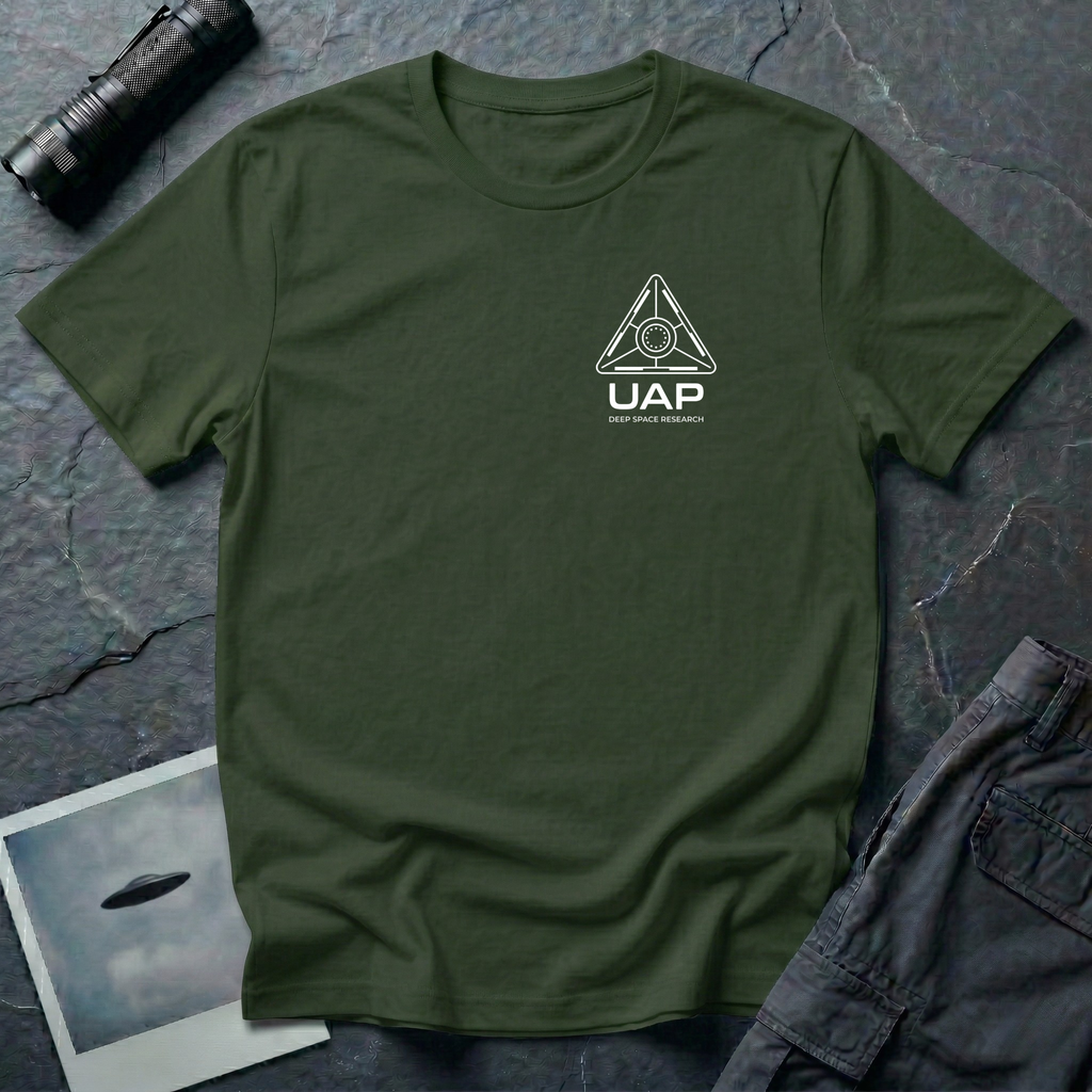 Military Green t-shirt with small left-chest white line art geometric triangle UAP mission patch design with the text UAP DEEP SPACE RESEARCH
