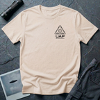 Natural t-shirt with small left-chest black line art geometric triangle UAP mission patch design with the text UAP DEEP SPACE RESEARCH