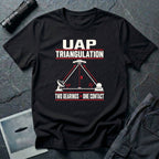 Two ground stations with radar dish and dome forming triangulated angle bearings toward a UFO with Two Bearings Equals One Contact text on a black t-shirt