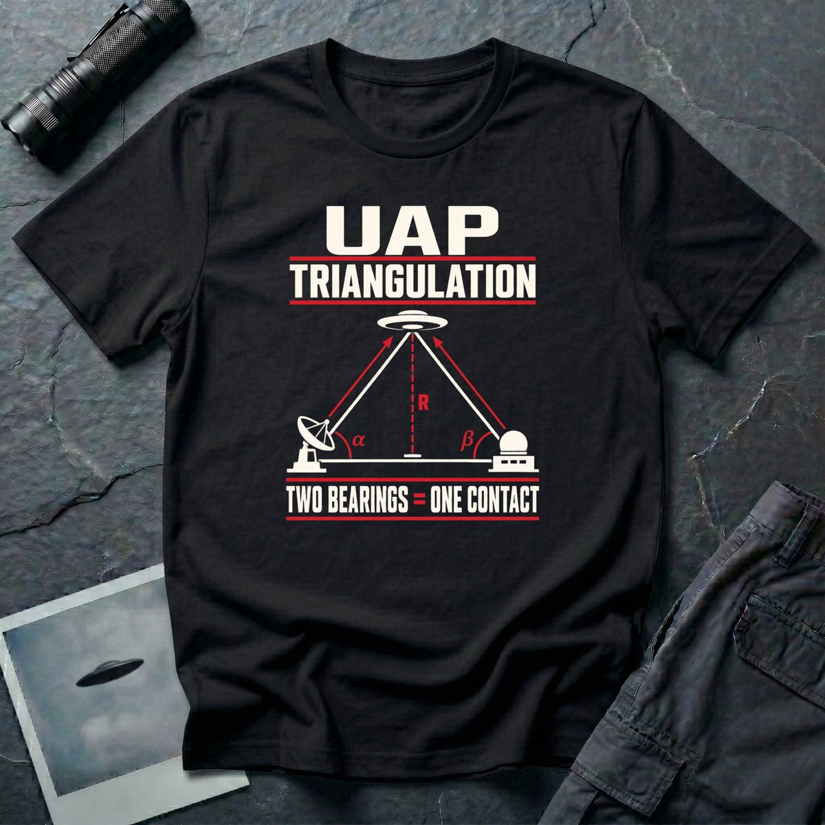 Two ground stations with radar dish and dome forming triangulated angle bearings toward a UFO with Two Bearings Equals One Contact text on a black t-shirt