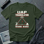 Two ground stations with radar dish and dome forming triangulated angle bearings toward a UFO with Two Bearings Equals One Contact text on a military green t-shirt
