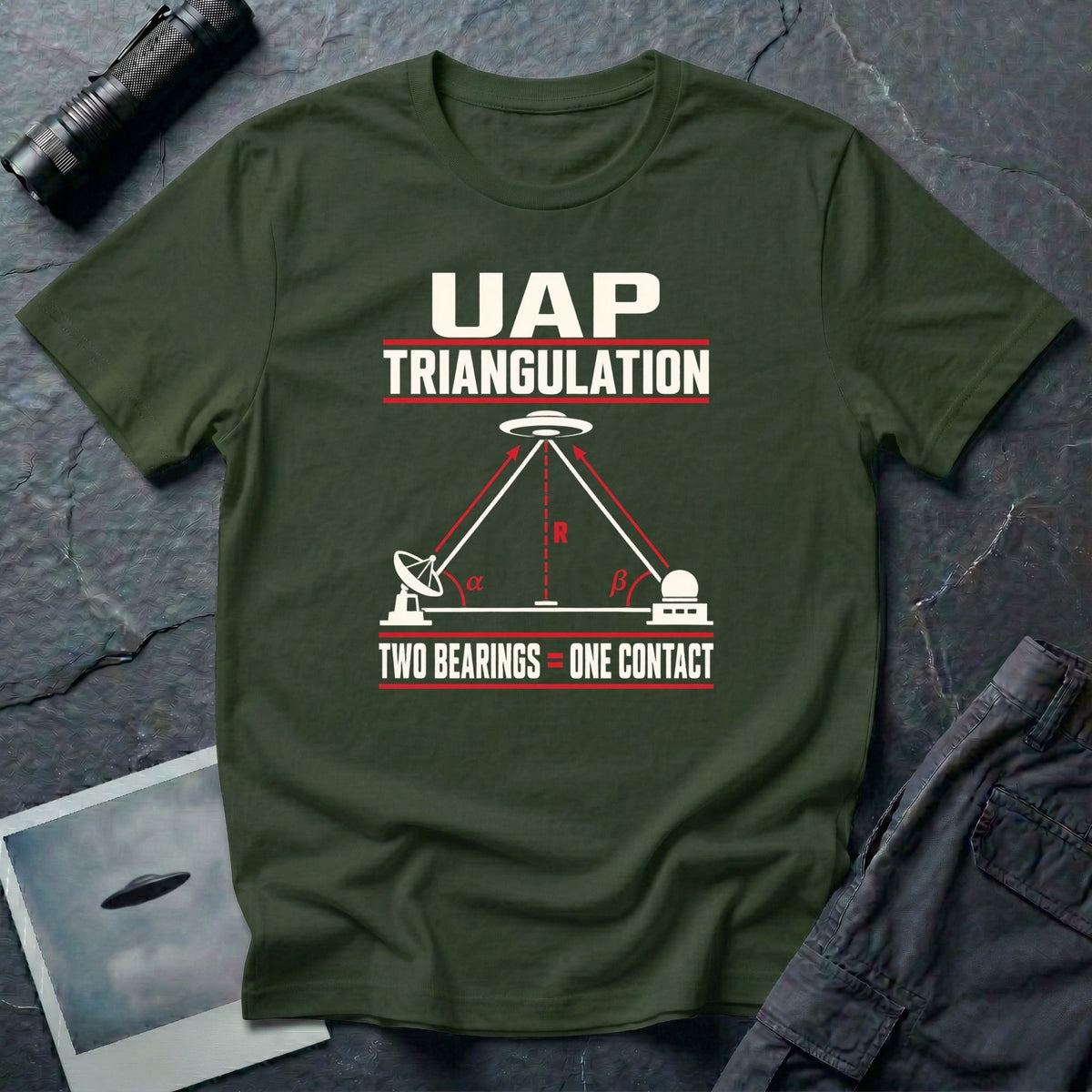 Two ground stations with radar dish and dome forming triangulated angle bearings toward a UFO with Two Bearings Equals One Contact text on a military green t-shirt