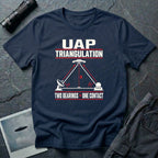 Two ground stations with radar dish and dome forming triangulated angle bearings toward a UFO with Two Bearings Equals One Contact text on a navy blue t-shirt