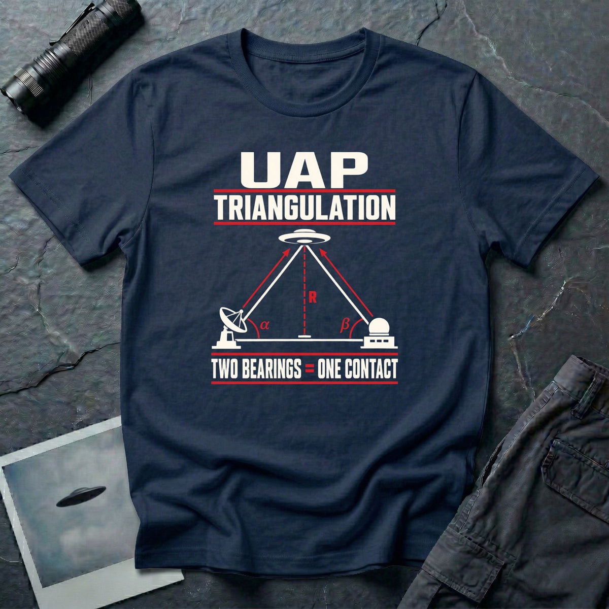 Two ground stations with radar dish and dome forming triangulated angle bearings toward a UFO with Two Bearings Equals One Contact text on a navy blue t-shirt