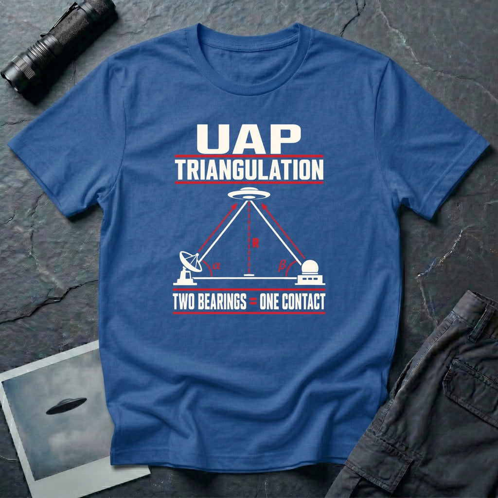 Two ground stations with radar dish and dome forming triangulated angle bearings toward a UFO with Two Bearings Equals One Contact text on a royal blue t-shirt