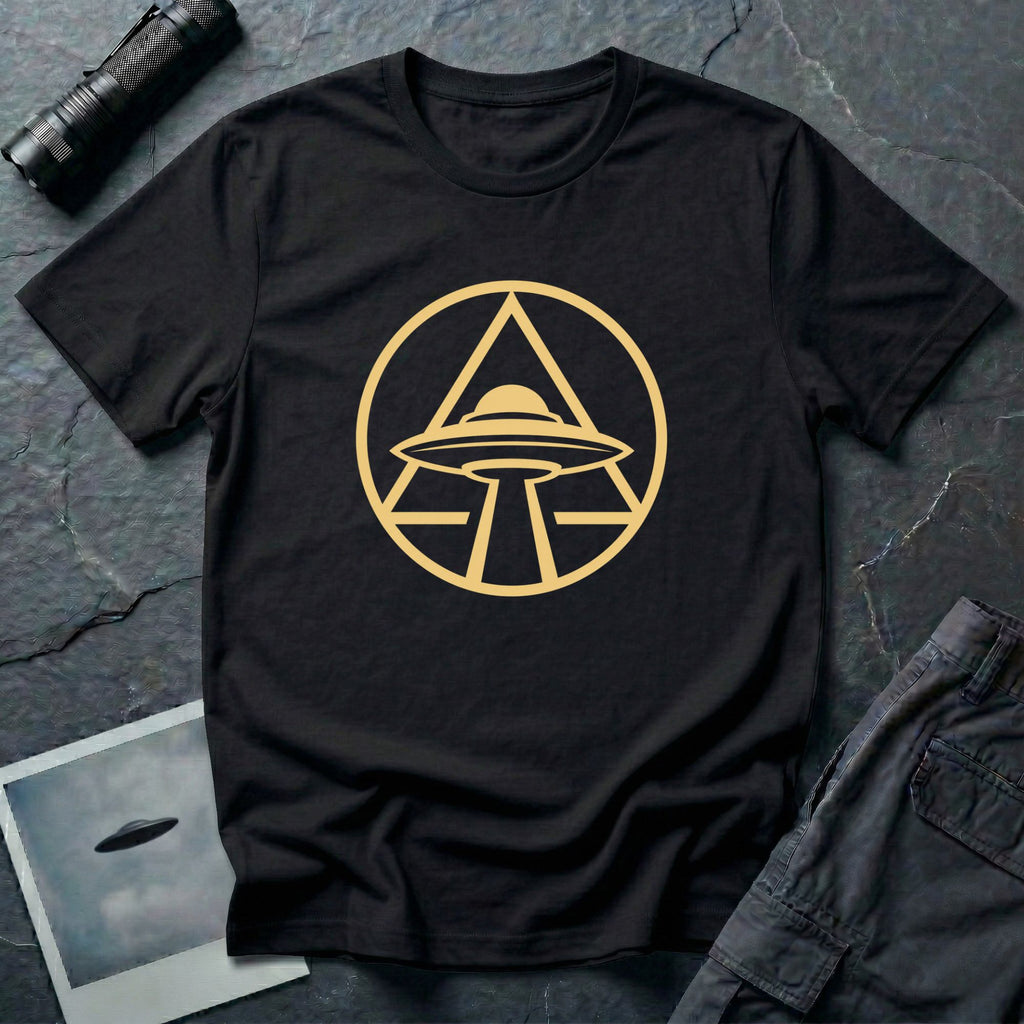 UFO apex t-shirt with gold geometric emblem of a saucer beaming light inside a triangle and circle, black